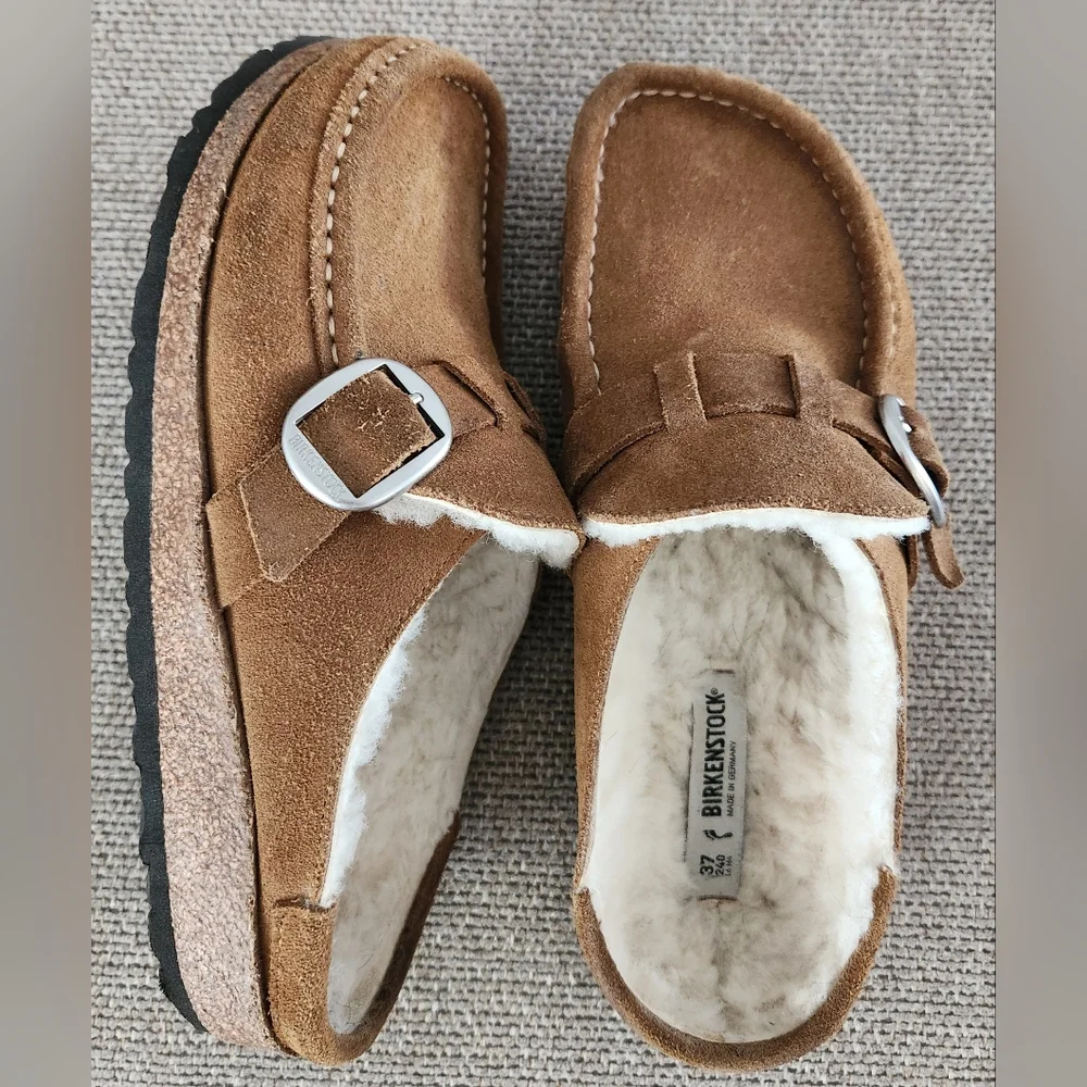 Birkenstock Tan Suede Shearling-Lined Clog Mules with Buckle - Picture 5 of 10